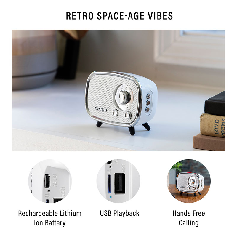 Rondo Retro Portable Bluetooth Speaker with Microphone – White - Image 2