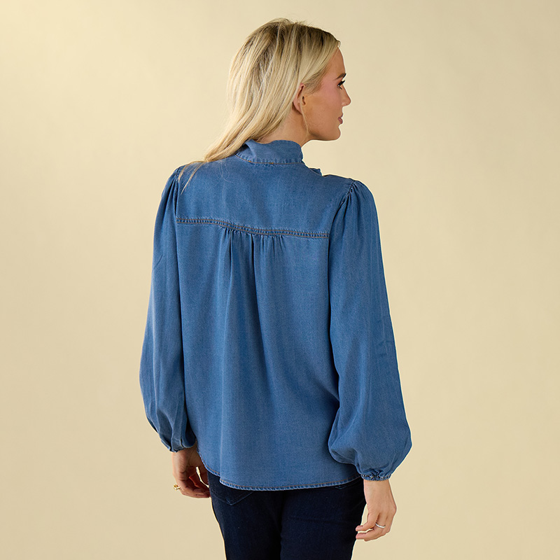 Chambray Bow Neck Blue Blouse - Image 2