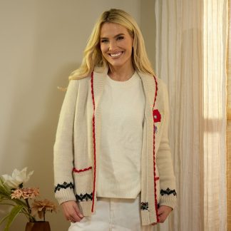 Ivory Cardigan with Embroidered Red Flower