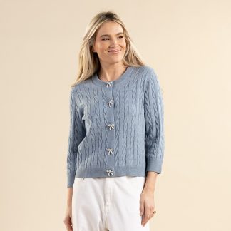 Blue Fine Gauge Bow Detail Cardigan