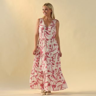 V Neck Pink Print Tier Maxi Dress