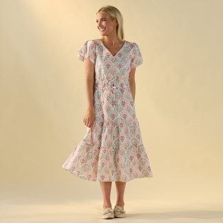 Block Print Puff Sleeve Midi Dress