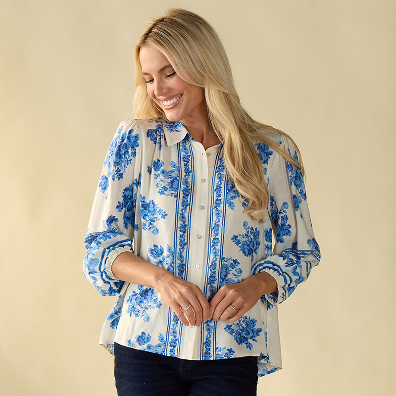 Blue Print Button Up Front Top