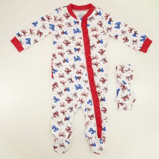 Infant Red, White, and Blue Bow Print Ruffle Butt Footsie