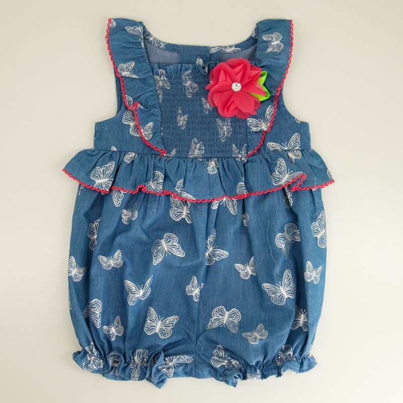 Infant Foil Butterfly Chambray Smock Romper