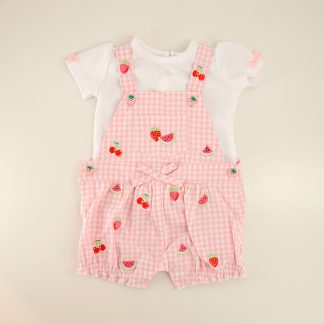 Infant Pink Fruit Embroidered Shortall Set
