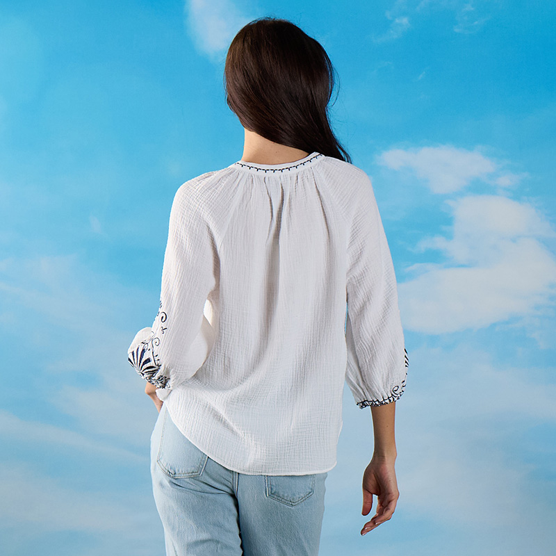 Embroidered Sleeve White Gauze Top - Image 2
